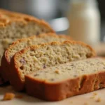 Close-up of a moist slice of Fage banana bread.