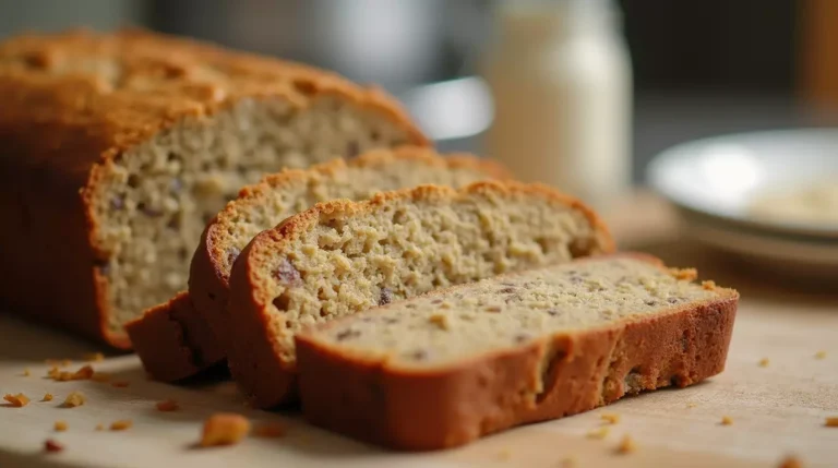 Close-up of a moist slice of Fage banana bread.