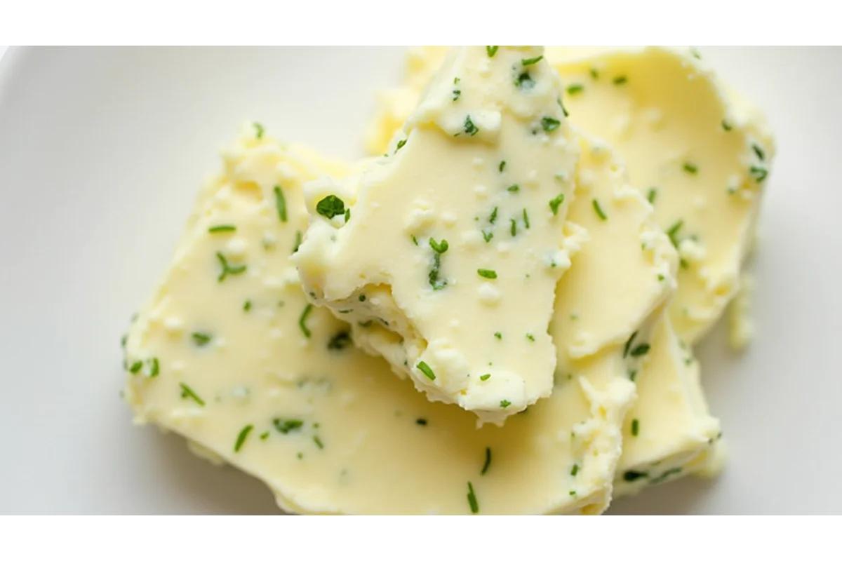 Close-up of fresh rosemary thyme compound butter.