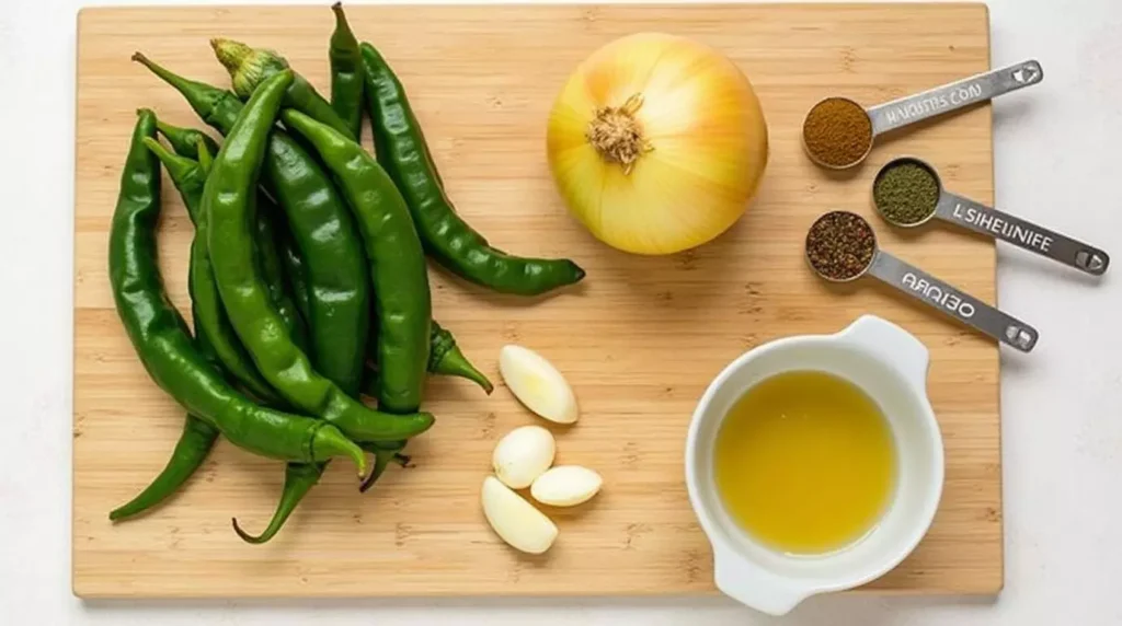 Flat-lay of fresh ingredients for making green chili gravy.