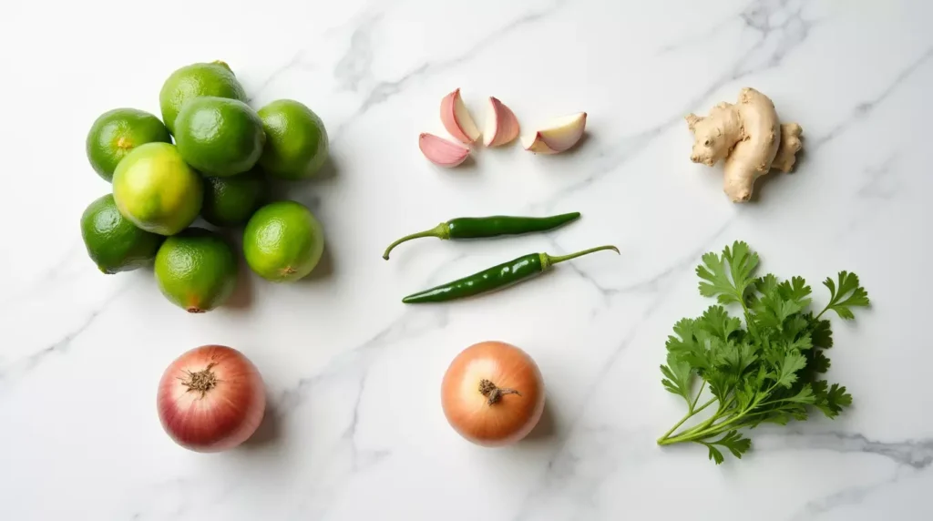 Flat-lay of fresh ingredients for making Leche de Tigre.