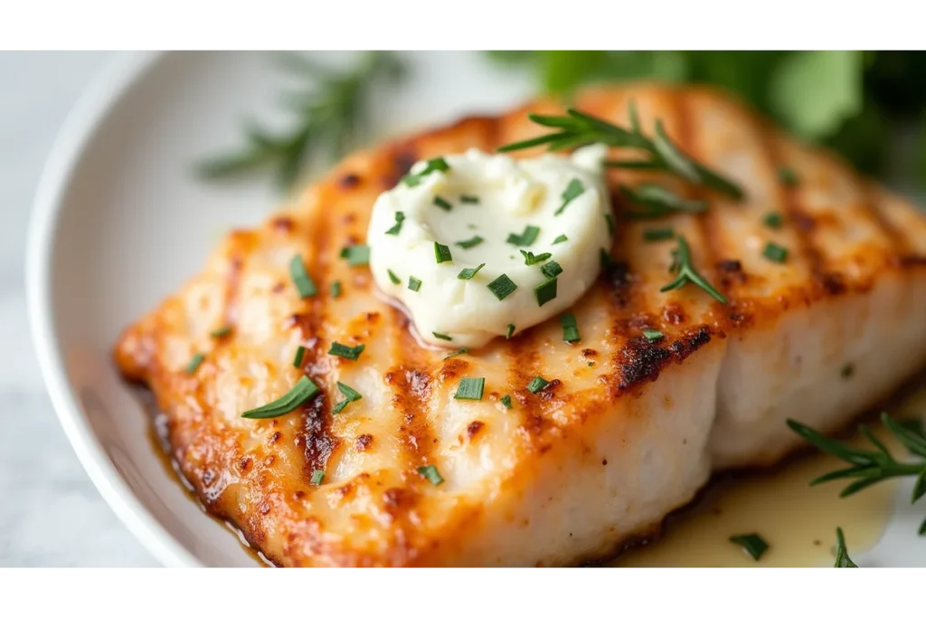 Baked fish topped with rosemary thyme compound butter.