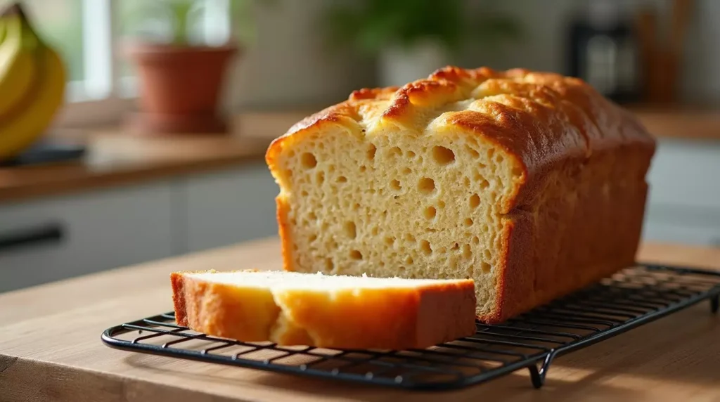 Loaf of Fage banana bread on a wire rack with a slice cut out of it.