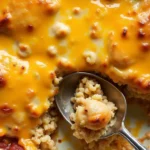 An overhead shot of a golden brown, bubbling Chicken Thighs Hominy Casserole, showing melted cheese and visible layers of chicken and hominy.