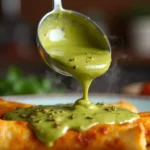 Ladle pouring green chili gravy over a plate of enchiladas.