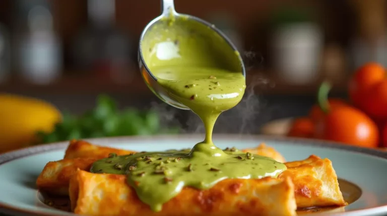 Ladle pouring green chili gravy over a plate of enchiladas.