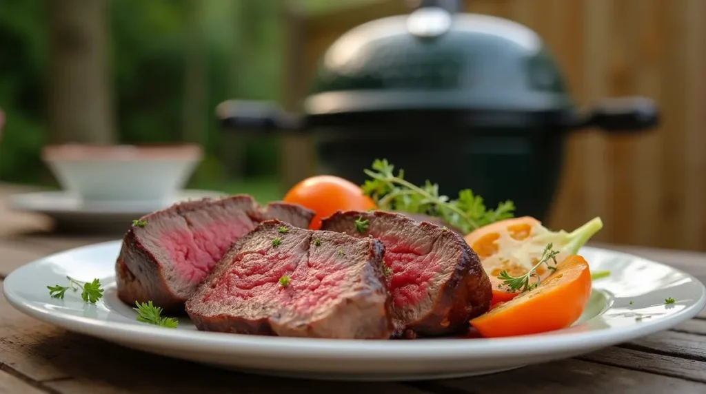 Served grilled flat iron steak with herbs and vegetables