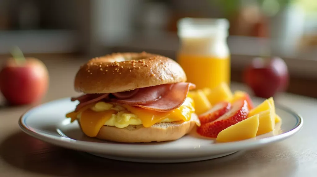 Ham, egg, and cheese bagel served with a side of fruit.