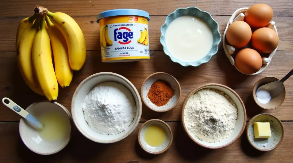 Loaf of Fage banana bread on a wire rack with a slice cut out of it.