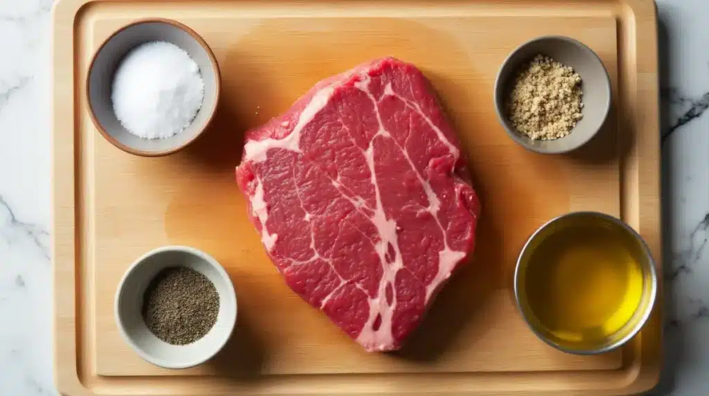 Flat lay of ingredients for grilling flat iron steak.