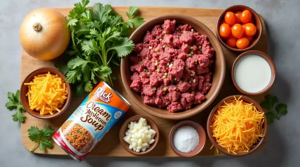 A flat lay of the ingredients for a Rick Nolan Hotdish, including ground beef, a yellow onion, frozen mixed vegetables, cream of mushroom soup, frozen hash browns, milk, shredded cheddar cheese, salt, and pepper.