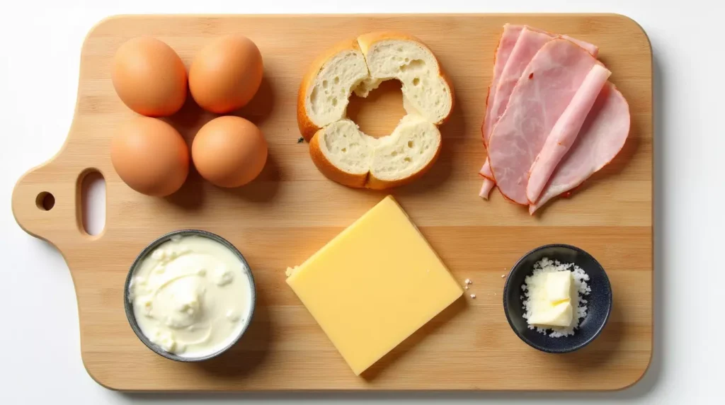 All the ingredients you need for a delicious ham, egg, and cheese bagel.