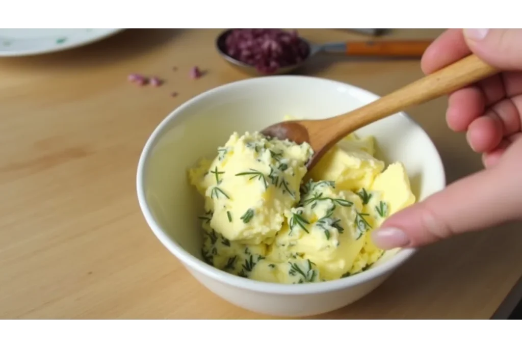 Preparing rosemary thyme compound butter in a bowl.