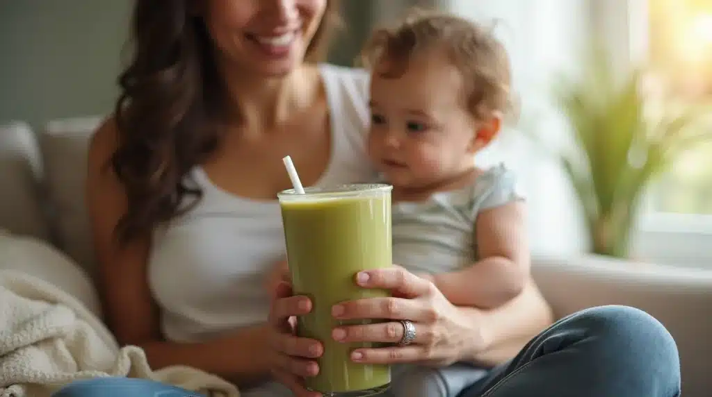 New mom enjoying a postpartum smoothie.