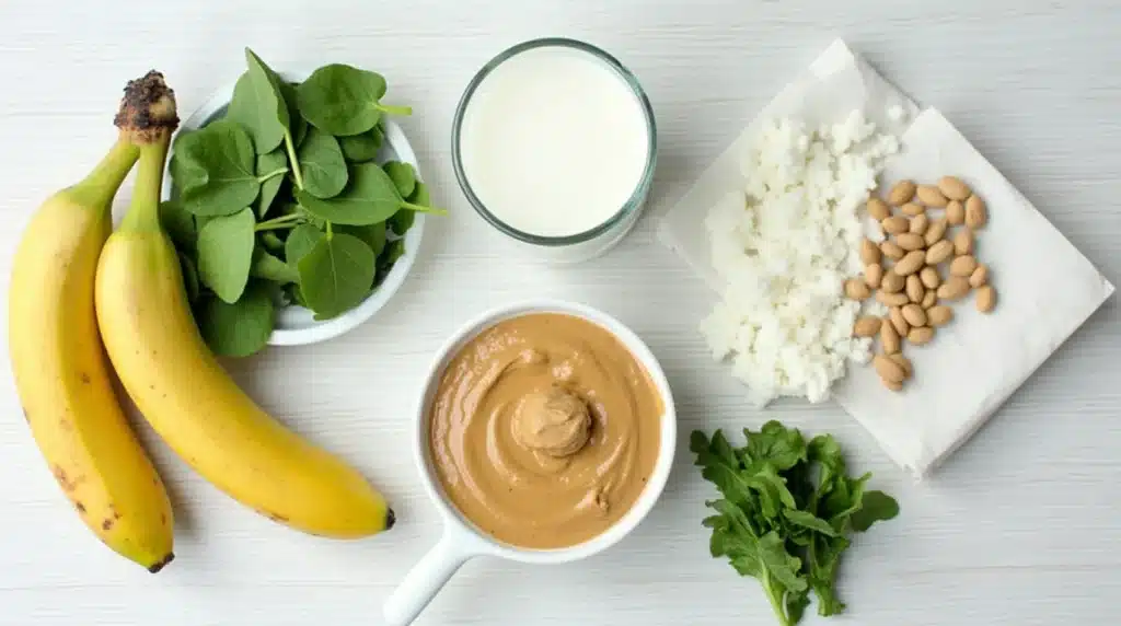 Flat lay of ingredients for a postpartum smoothie