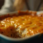 A close-up photo of a serving of Rick Nolan Hotdish with a golden-brown cheese topping, taken in a warm, natural lighting environment.