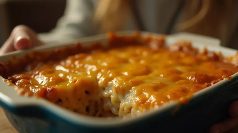 A close-up photo of a serving of Rick Nolan Hotdish with a golden-brown cheese topping, taken in a warm, natural lighting environment.