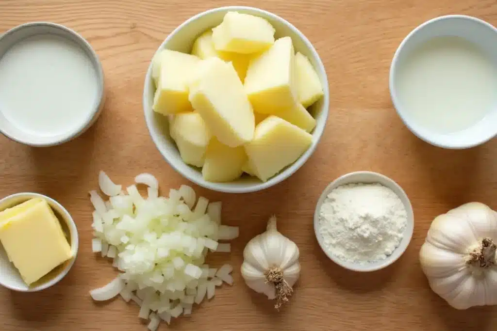 Flat lay of scalloped potato ingredients with cheese powder.