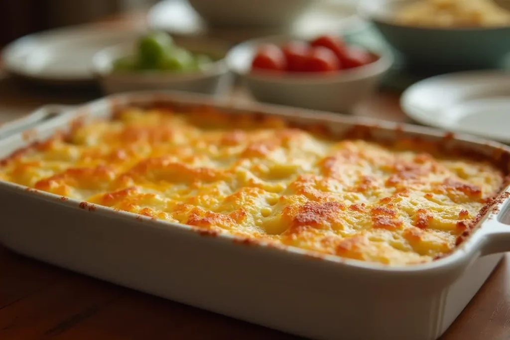 Serving dish of scalloped potatoes with cheese powder