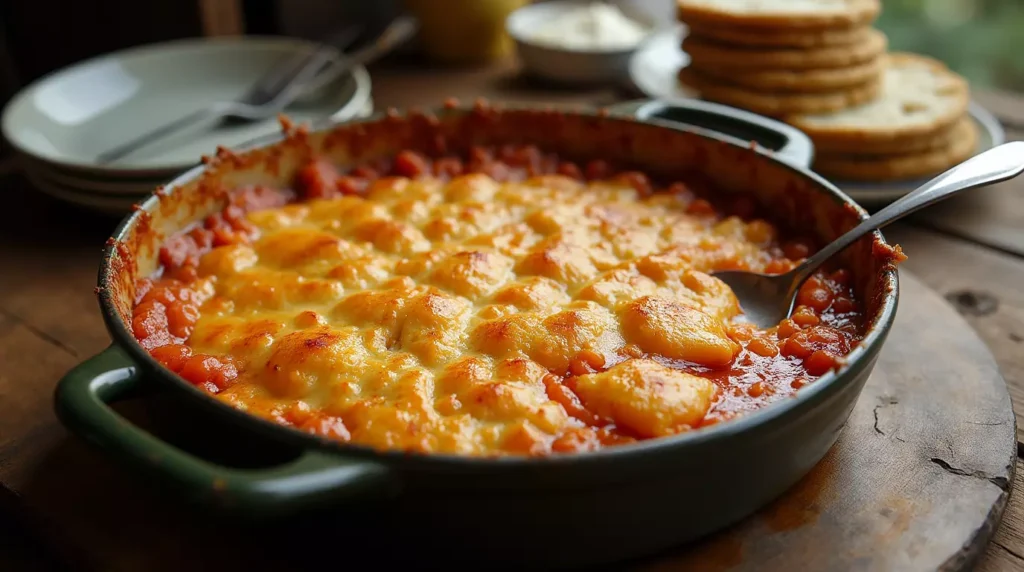 An eye-level shot of a 9x13 baking dish of Rick Nolan Hotdish, with a golden brown and bubbly top, a serving spoon, and a warm, rustic table setting.