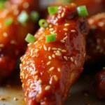 A close-up, mouthwatering image of South Boston Dulce Chile Chicken Wings, with a glossy, vibrant sauce and a sprinkling of sesame seeds and green onions.