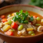 A steaming bowl of homemade Caldo de Pollo, with visible chicken, vegetables, and cilantro, emitting comforting steam.