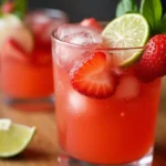 Close-up of a vibrant strawberry caipirinha.