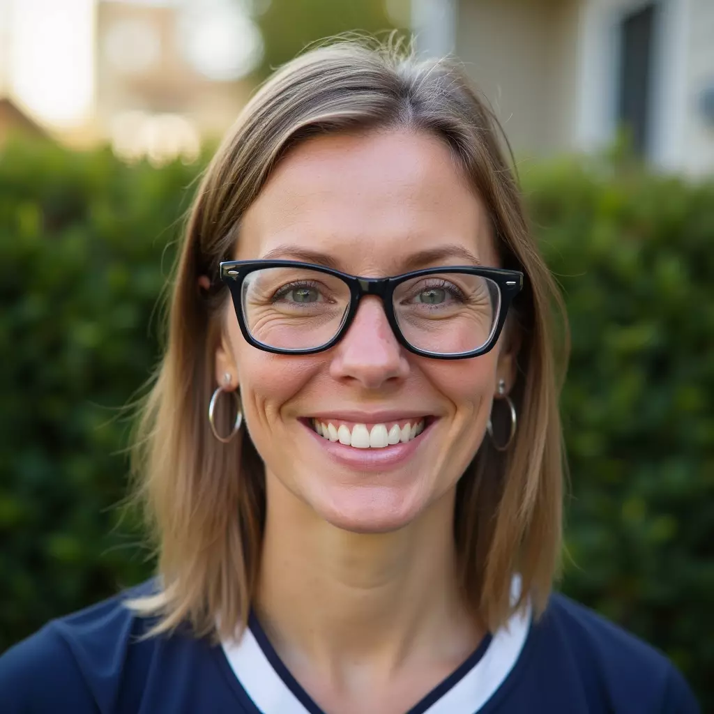 Close-up photo of a smiling, light-brown-haired American woman in her late 30s or early 40s wearing black-framed glasses, a navy sports jersey, and hoop earrings, standing outdoors with green hedges behind her.