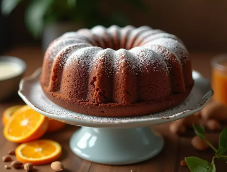 Whole chocolate orange almond cake on a cake stand.