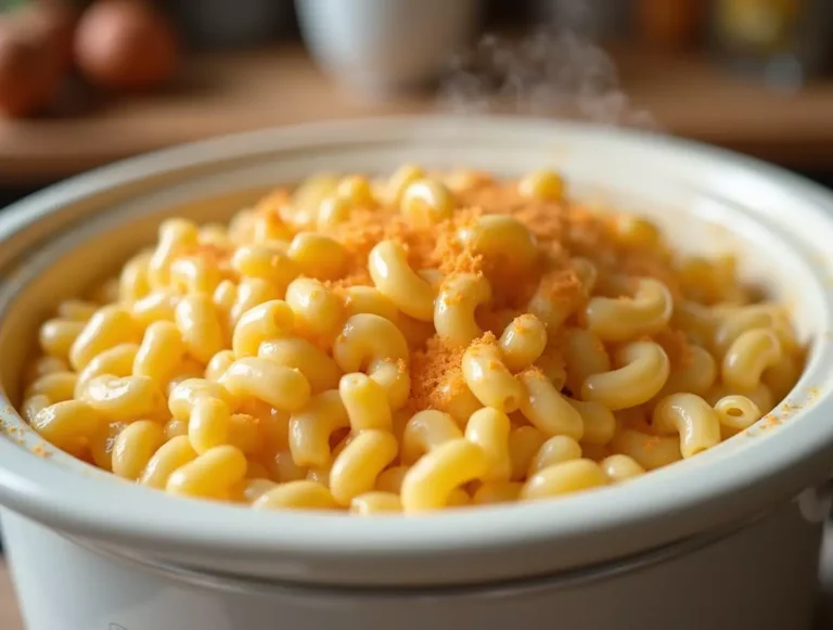 Close-up of a crock pot filled with gluten-free mac and cheese.