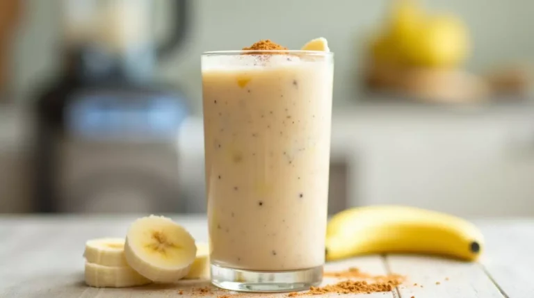 A glass of creamy banana bariatric shake garnished with cinnamon and banana slices.