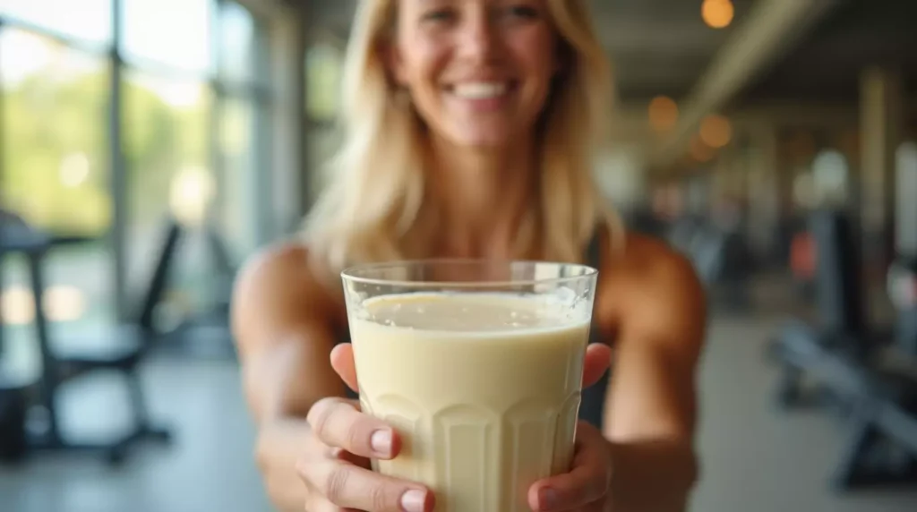 Person enjoying a glass of banana bariatric shake.