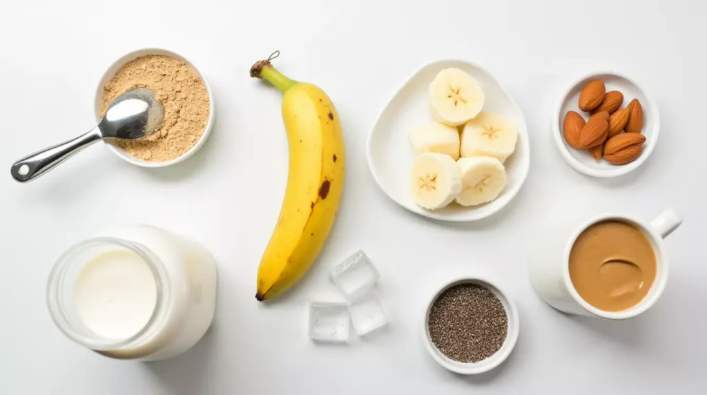 Flat-lay of ingredients for making an easy banana bariatric shake.