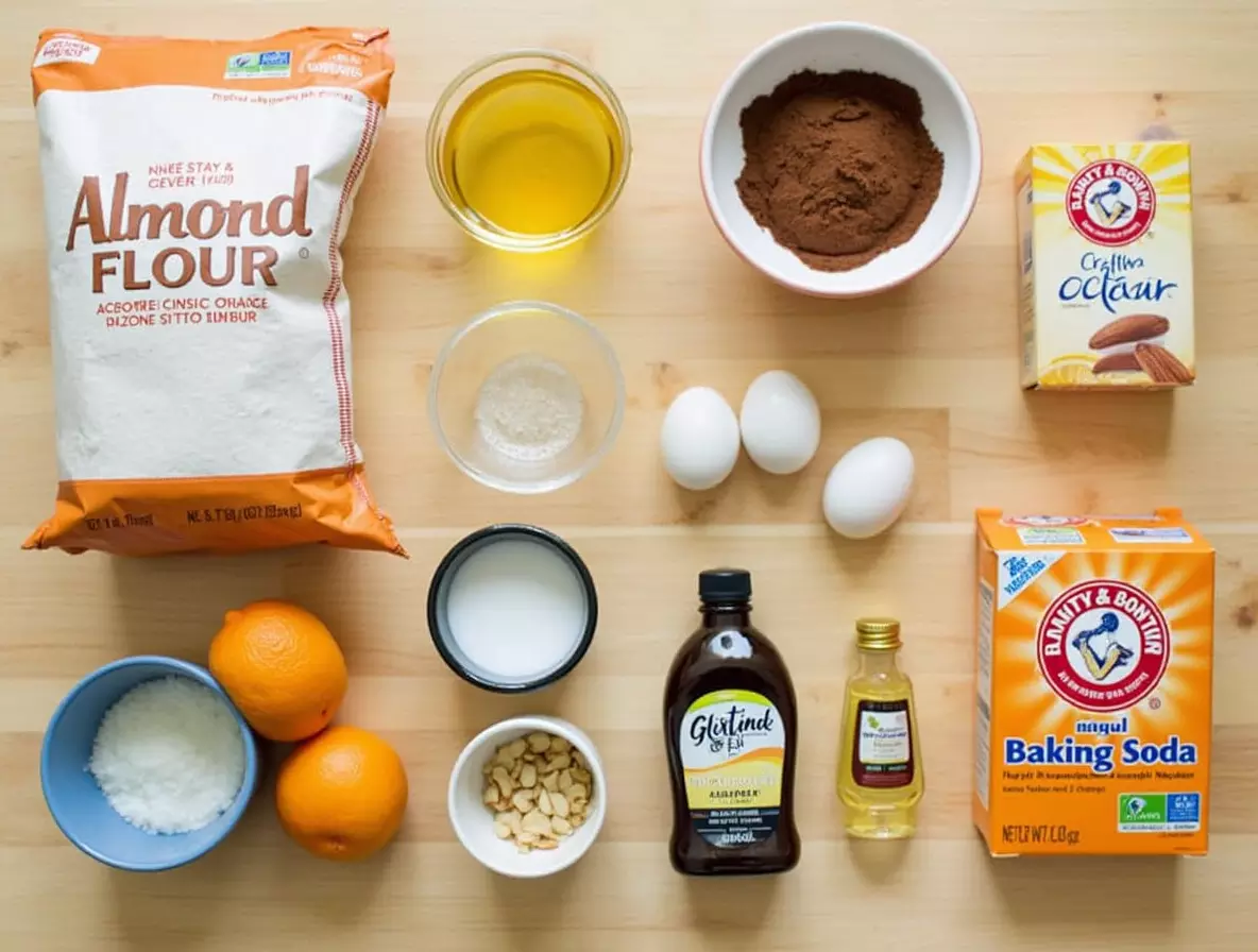 Flat-lay of ingredients for making chocolate orange almond cake.