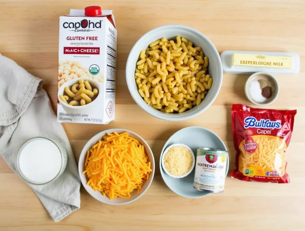 Flat-lay of ingredients for making gluten-free mac and cheese in a crock pot.