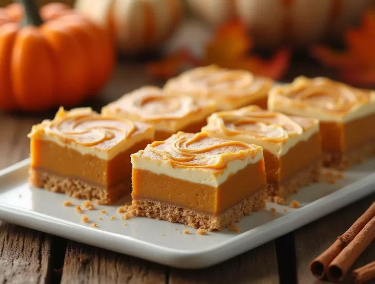 A slice of Pumpkin Pie Cream Cheese Molasses Dessert, showing distinct layers.