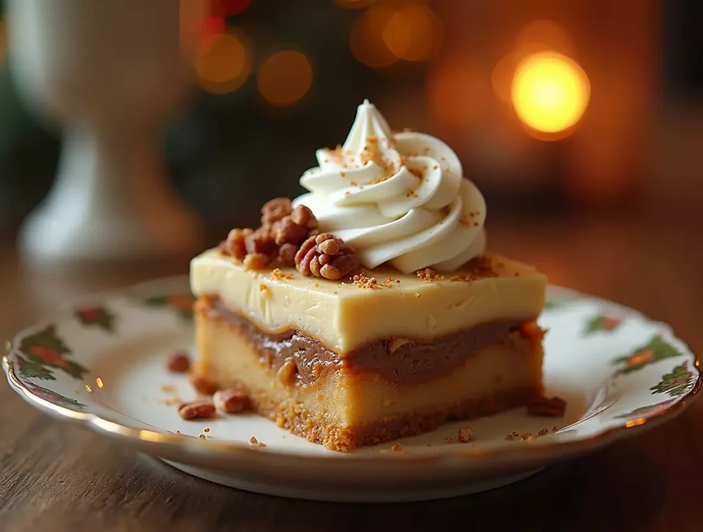 A square of Pumpkin Pie Cream Cheese Molasses Dessert with whipped cream and pecans.