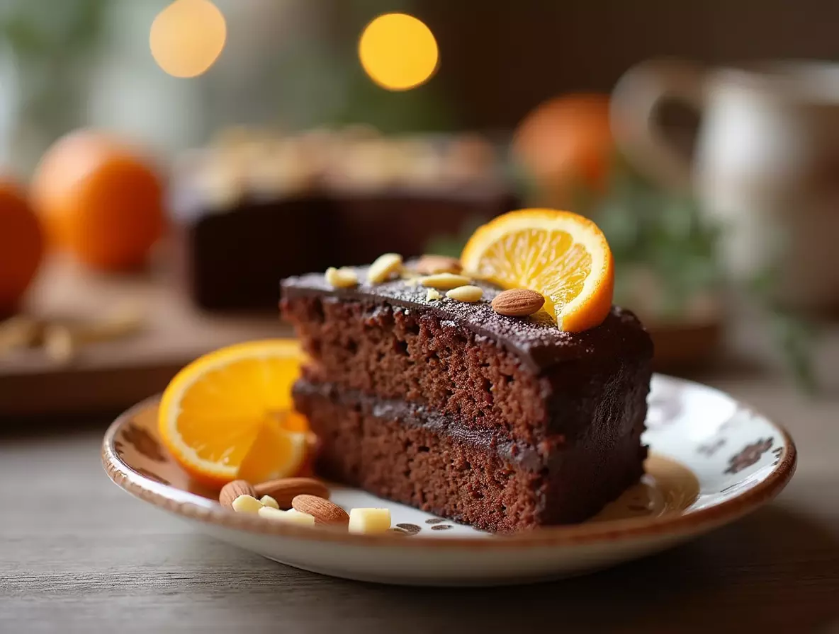 A slice of chocolate orange almond cake on a plate.