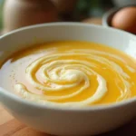 A close-up of a creamy chicken velvet soup served in a white ceramic bowl, featuring a smooth texture and delicate egg ribbons.