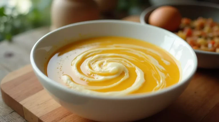 A close-up of a creamy chicken velvet soup served in a white ceramic bowl, featuring a smooth texture and delicate egg ribbons.