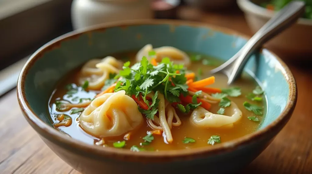 A beautifully presented bowl of Subgum Wonton Soup with steaming broth, fresh vegetables, and wontons, served in an ordinary home kitchen.