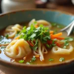 A beautifully presented bowl of Subgum Wonton Soup with steaming broth, fresh vegetables, and wontons, served in an ordinary home kitchen.