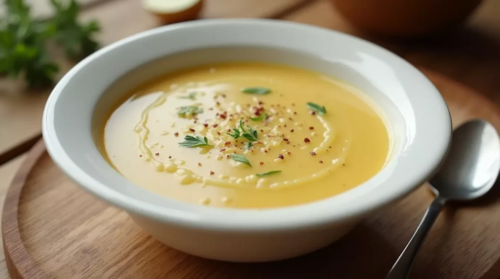 A bowl of smooth and creamy chicken velvet soup served with a side of crusty bread, garnished with fresh herbs.