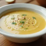 A bowl of smooth and creamy chicken velvet soup served with a side of crusty bread, garnished with fresh herbs.