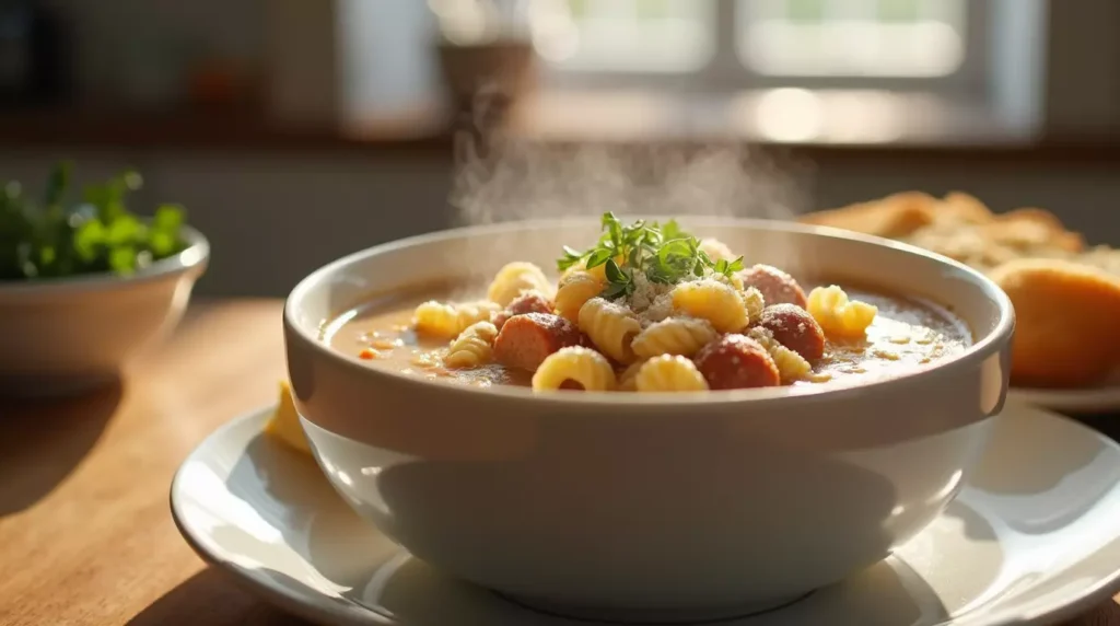 A steaming bowl of creamy parmesan Italian sausage ditalini soup, garnished with fresh parsley and extra parmesan, served with a slice of crusty bread.