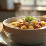 A steaming bowl of creamy parmesan Italian sausage ditalini soup, garnished with fresh parsley and extra parmesan, served with a slice of crusty bread.