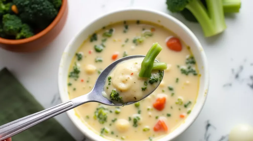 A steaming bowl of broccoli cheddar soup garnished with extra cheddar and fresh herbs