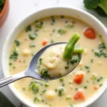 A steaming bowl of broccoli cheddar soup garnished with extra cheddar and fresh herbs