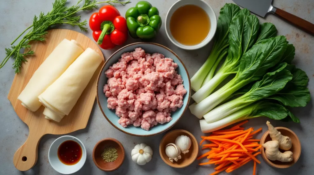 Fresh ingredients for Subgum Wonton Soup, including wonton wrappers, vegetables, ground pork, and seasonings, arranged neatly on an ordinary kitchen counter.