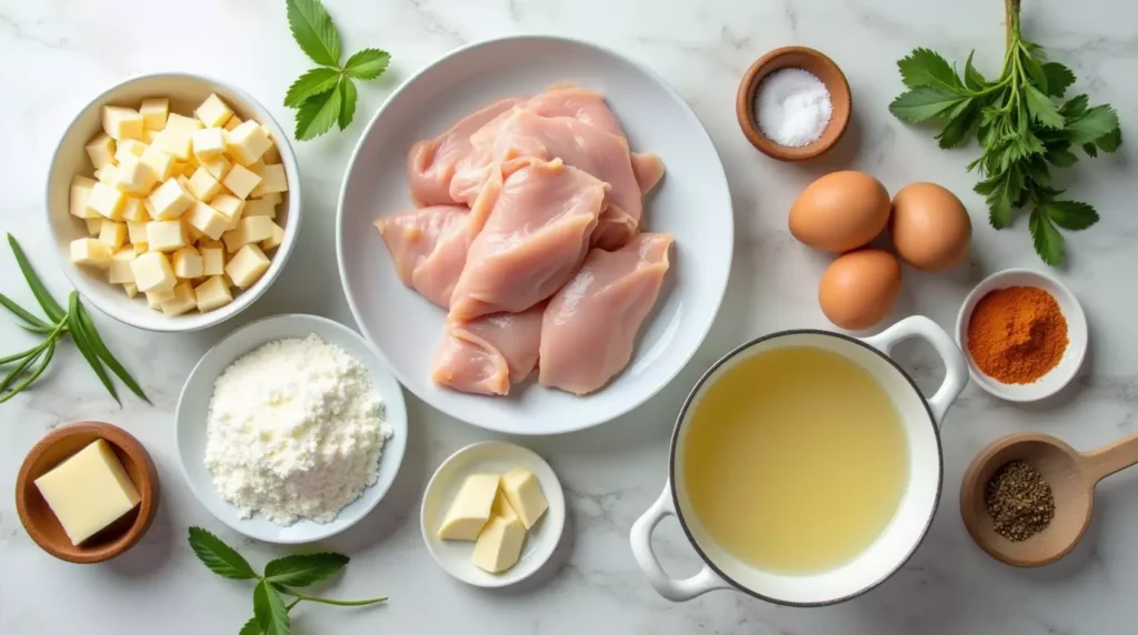 A neatly arranged selection of fresh ingredients for chicken velvet soup, including diced chicken, eggs, cornstarch, heavy cream, butter, and seasonings.